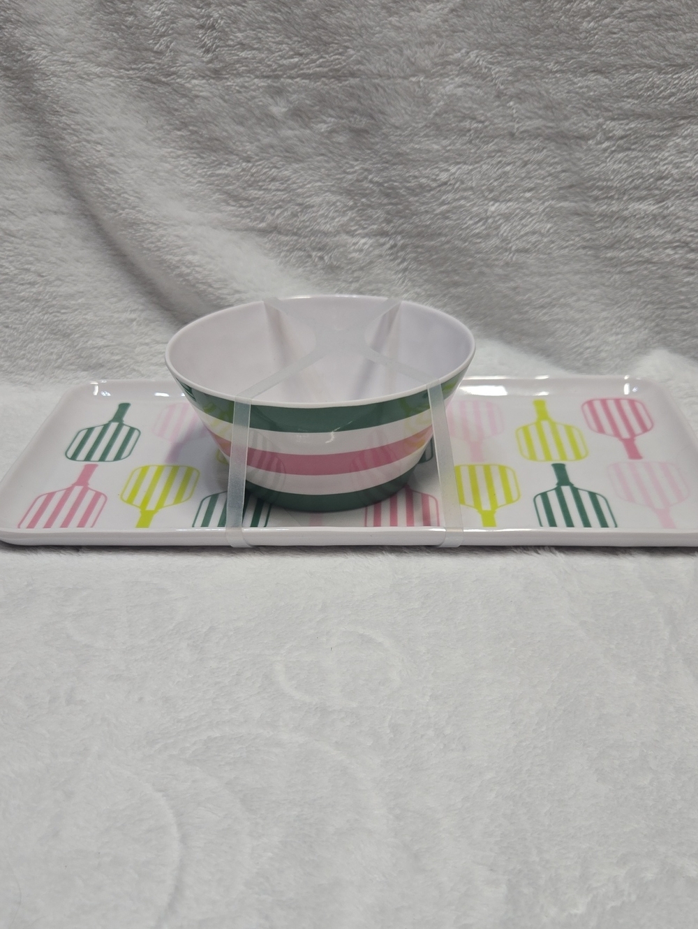 🌞NWT! Cocktail Court 2pc Striped Pink & Green Serving Bowl with Patterned Tray